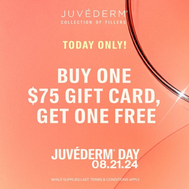 ❤️‍🔥HAPPY JUVEDERM DAY❤️‍🔥

🔗Link…
https://alle.com/juvedermday

💰BOGO Gift Card!  Buy $75 GET $75. 

🕛Offer goes LIVE TODAY, Wednesday 8/21 12noon EST! 

💉.  1 Gift Card per ALLe member (GC’s are “giftable”)
💉.  Gift Card will go directly into patient’s Alle wallet
💉.  Gift Cards DO NOT EXPIRE
💉• Gift Card CANNOT be used on Skinvive. 

#juvederm #bogo #filler #injectables #wrinklefree #plasticsurgery #plasticsurgerywashingtondc #plasticsurgeon #plasticsurgerymaryland #cosmetics #cosmeticsurgery #aestheticsurgery #aesthetics#plasticsurgerybeforeandafter #plasticsurgeryinstagram #topsurgery #nationalcenterforplasticsurgery #americanboardofplasticsurgery #washingtoniantopdoc
#boardcertifiedplasticsurgeon